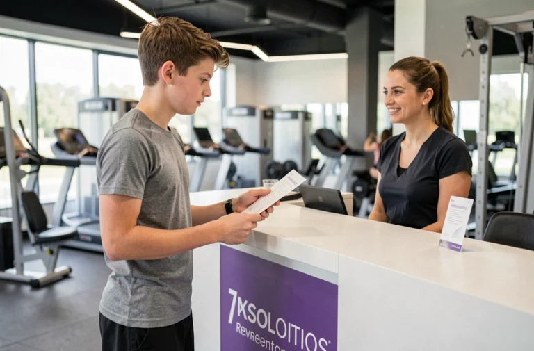 Adolescent de 16 ans s'inscrivant dans une salle de sport Basic Fit avec un membre du personnel