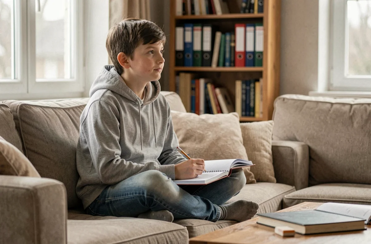 Adolescent faisant ses devoirs de rédaction sur un canapé à la maison avec un cahier et un crayon