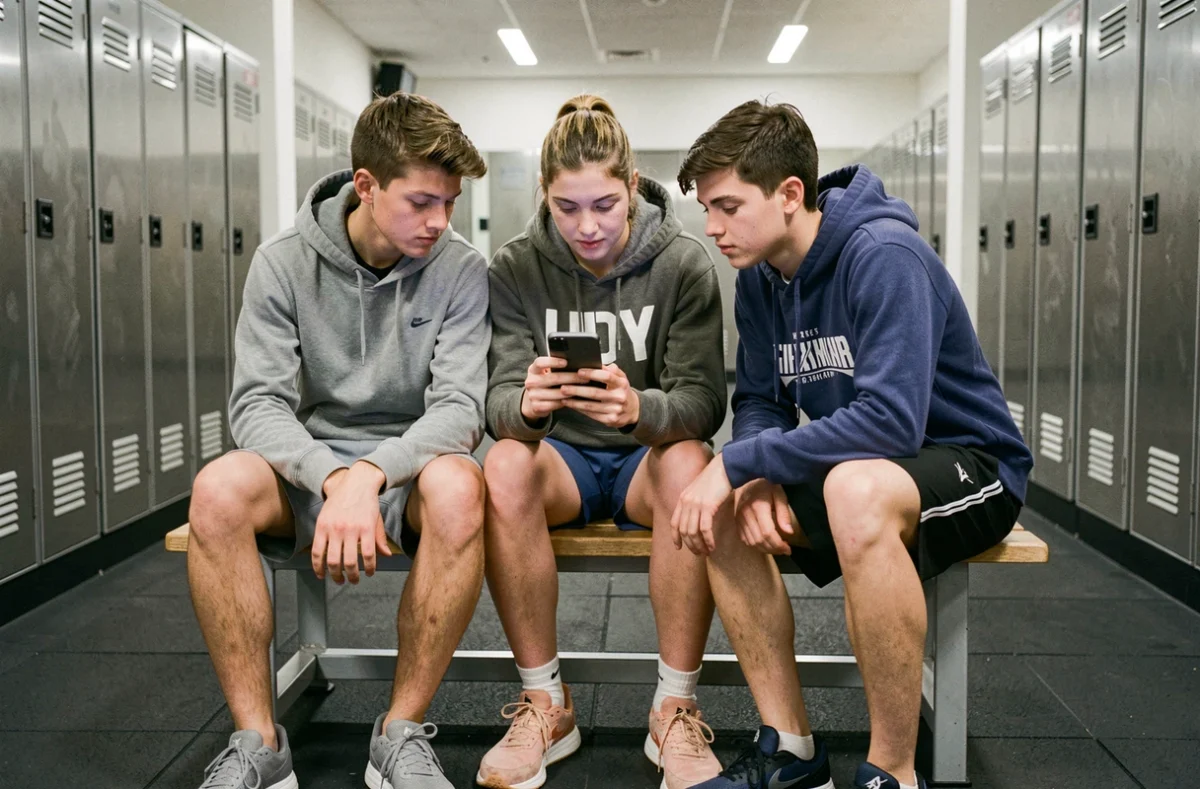 Groupe d'adolescents consultant les conditions d'adhésion à une salle de sport sur un smartphone