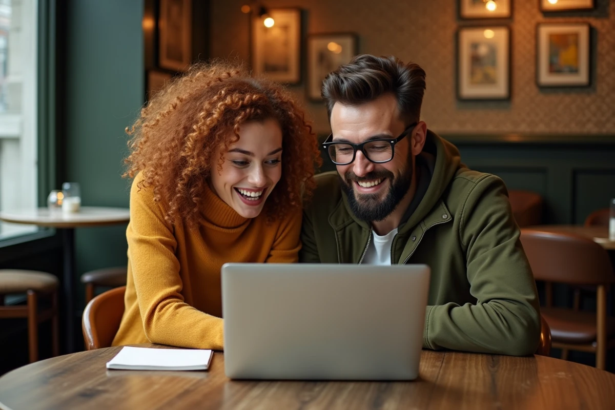 Deux amis découvrant ensemble de nouvelles plateformes vidéo innovantes dans un café parisien