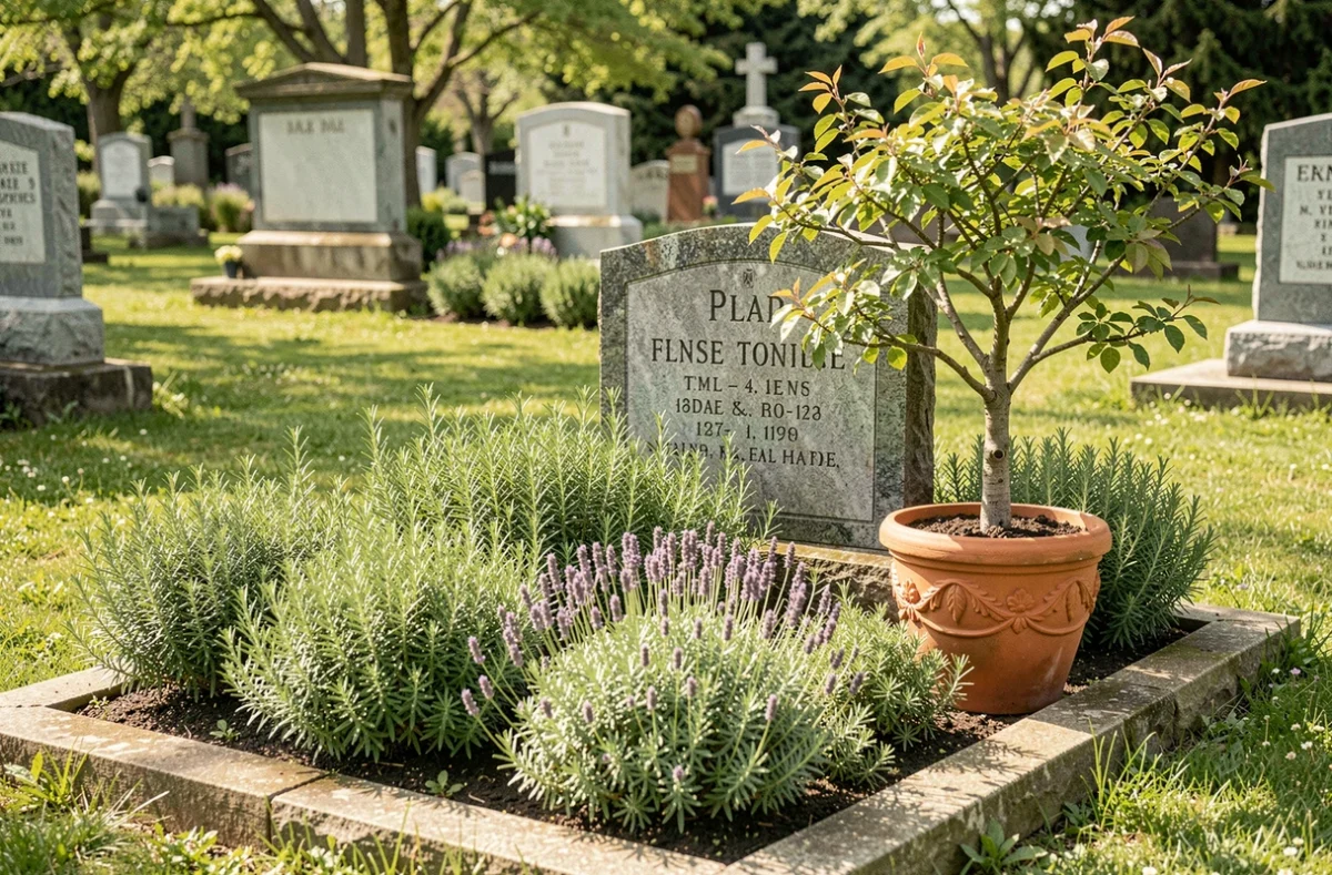 Arbustes de romarin, lavande naine et petit cerisier en pot décoratif autour d'une tombe dans un cimetière printanier