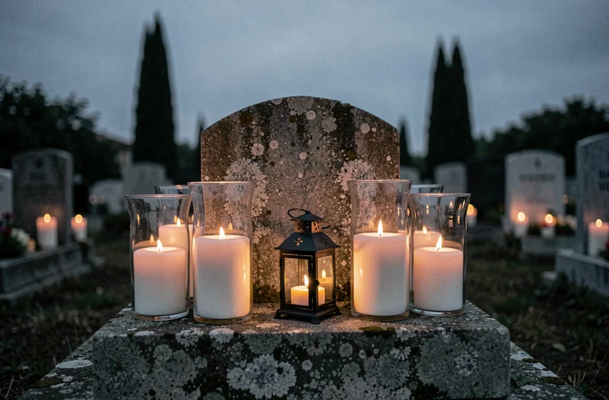 Bougies blanches en verre et lanterne solaire disposées devant une pierre tombale au crépuscule dans un cimetière