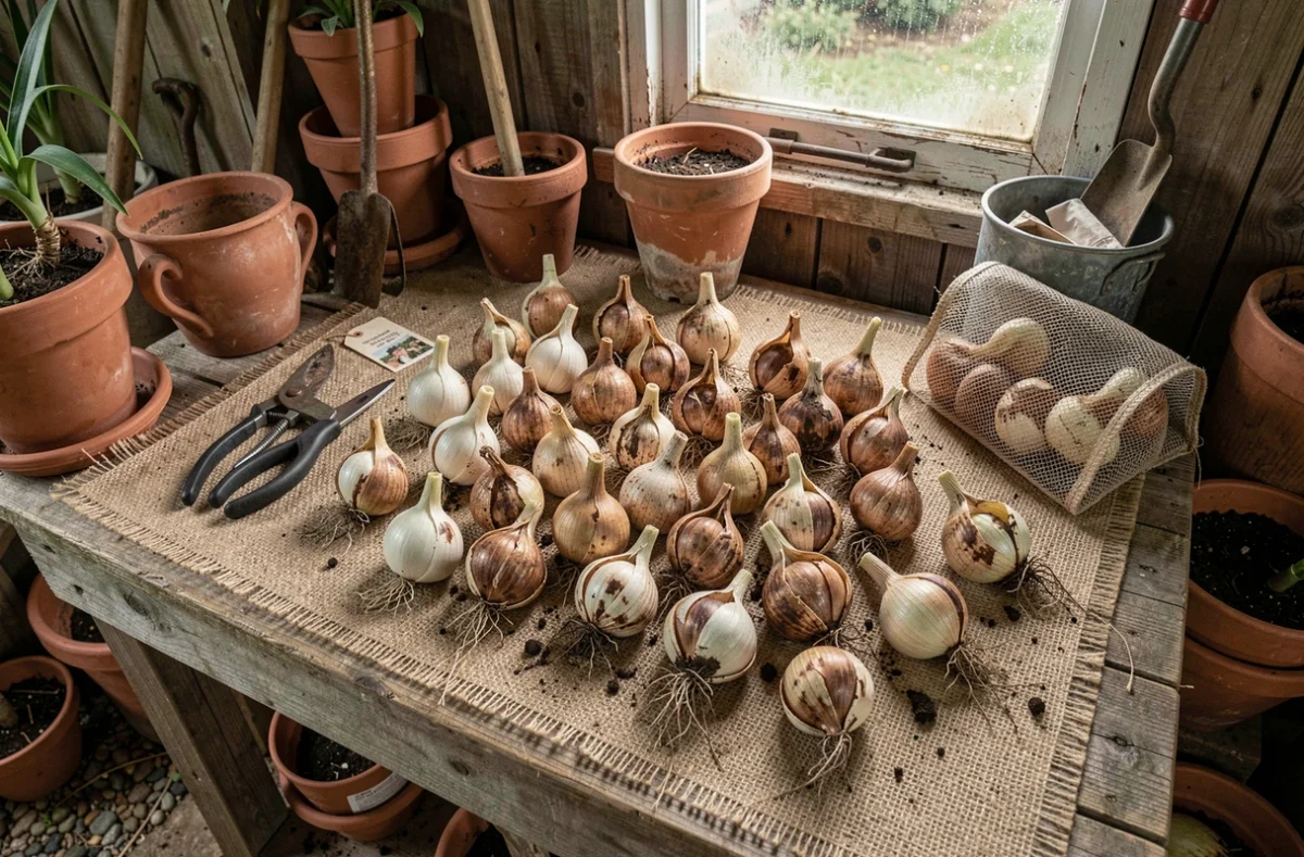 Bulbes de lys fraîchement déterrés disposés sur un tissu de jute dans un cabanon de jardin avec des outils et des sacs de stockage