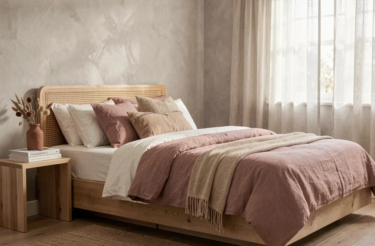 Chambre cocooning avec literie en lin, tête de lit en rotin et décoration naturelle pour un intérieur apaisant