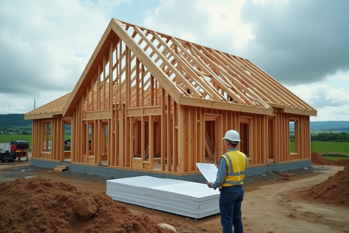 Chantier de construction d'une maison à ossature bois de type Natilia avec ouvrier inspectant les plans techniques