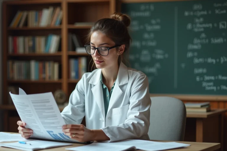 Chercheuse en blouse blanche lisant un article scientifique dans un bureau universitaire entouré de revues académiques