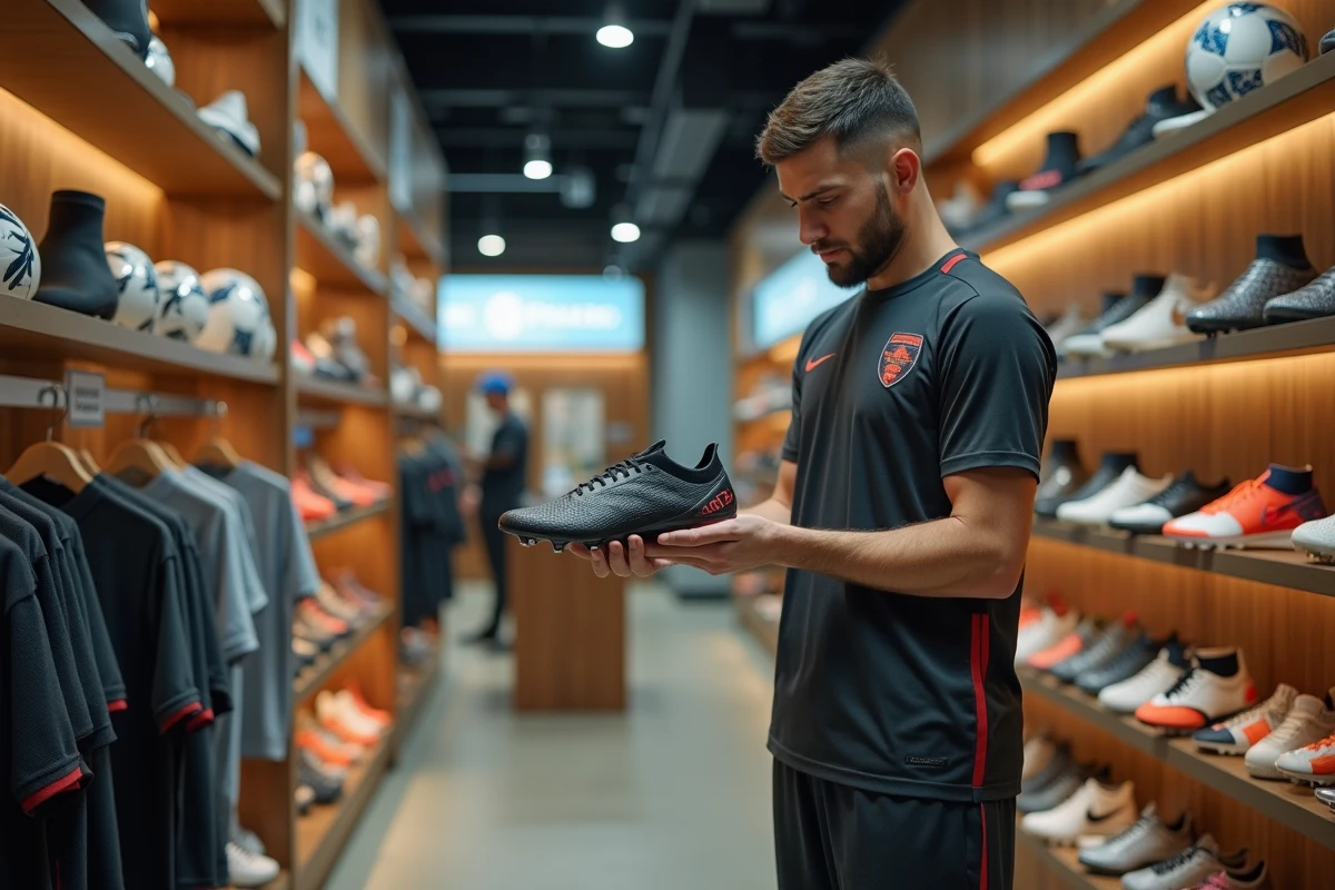 Homme examinant des chaussures de football dans un magasin de sport moderne pour choisir son équipement