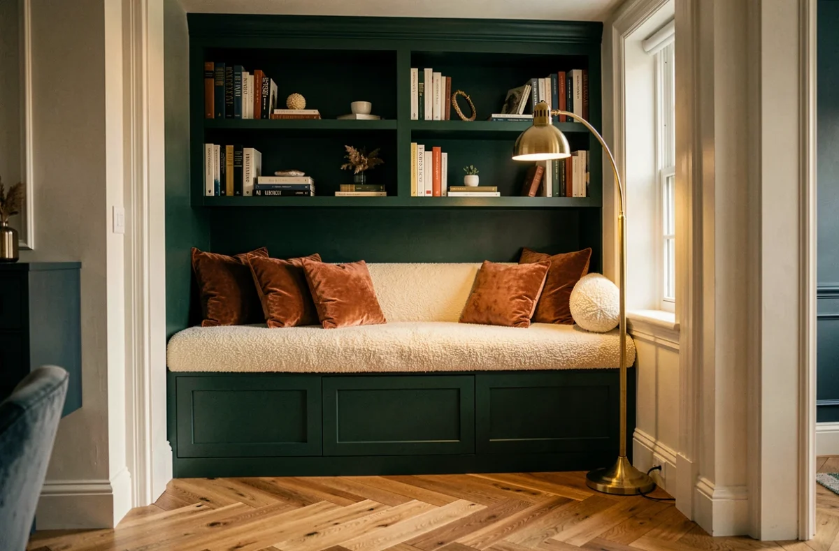 Coin lecture encastré avec bibliothèque intégrée verte, banquette en bouclé et coussins en velours dans un intérieur cosy
