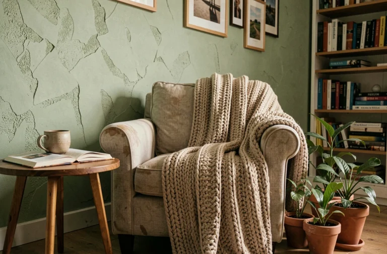 Coin salon cosy avec fauteuil en lin, plaid tricoté et plantes en pot dans un intérieur chaleureux au style cocon