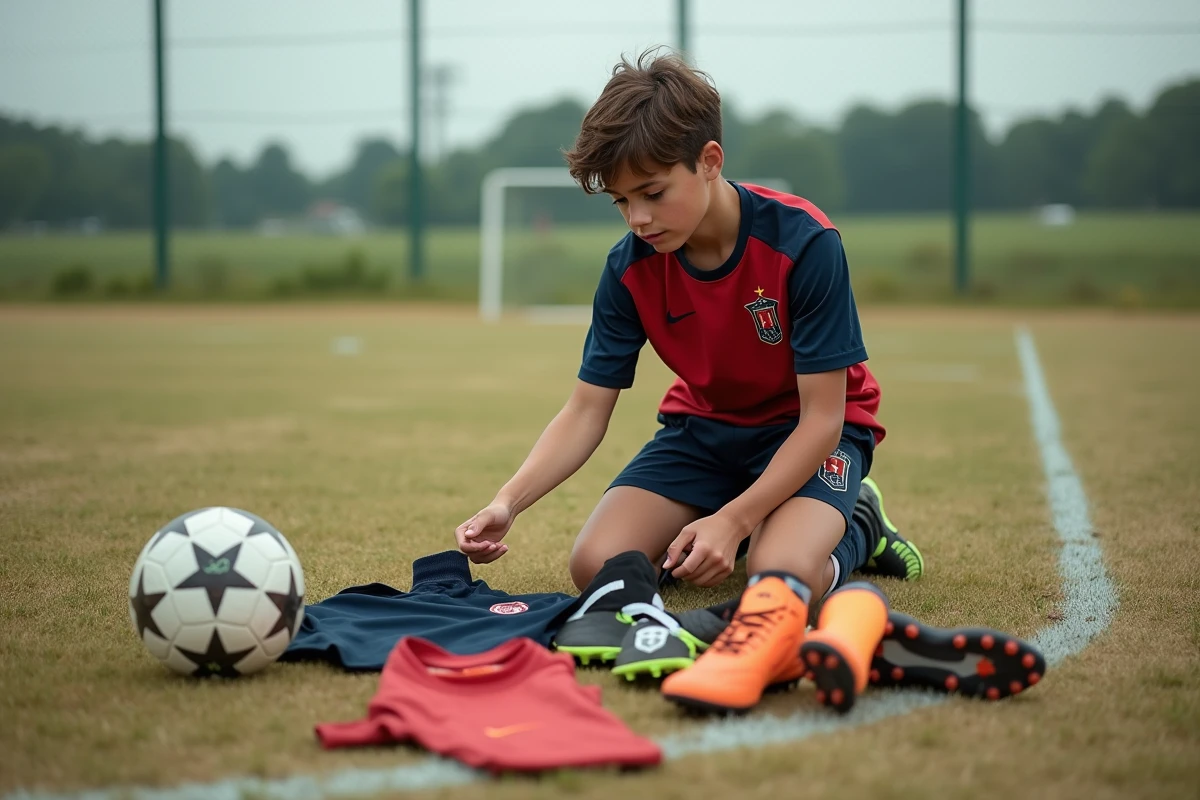 Adolescent comparant son équipement de football sur un terrain gazonné avant de faire son choix