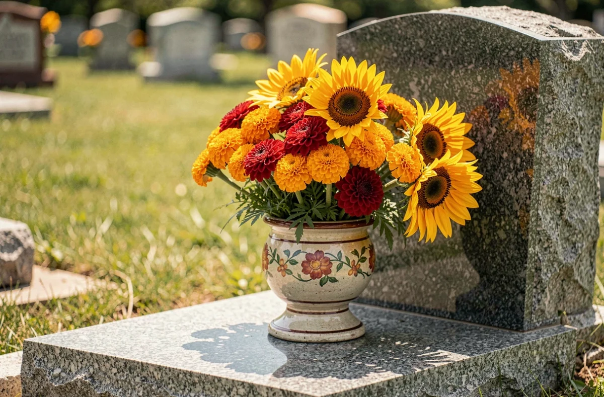 Composition florale colorée avec œillets d'Inde, dahlias rouges et tournesols dans une urne céramique sur une tombe