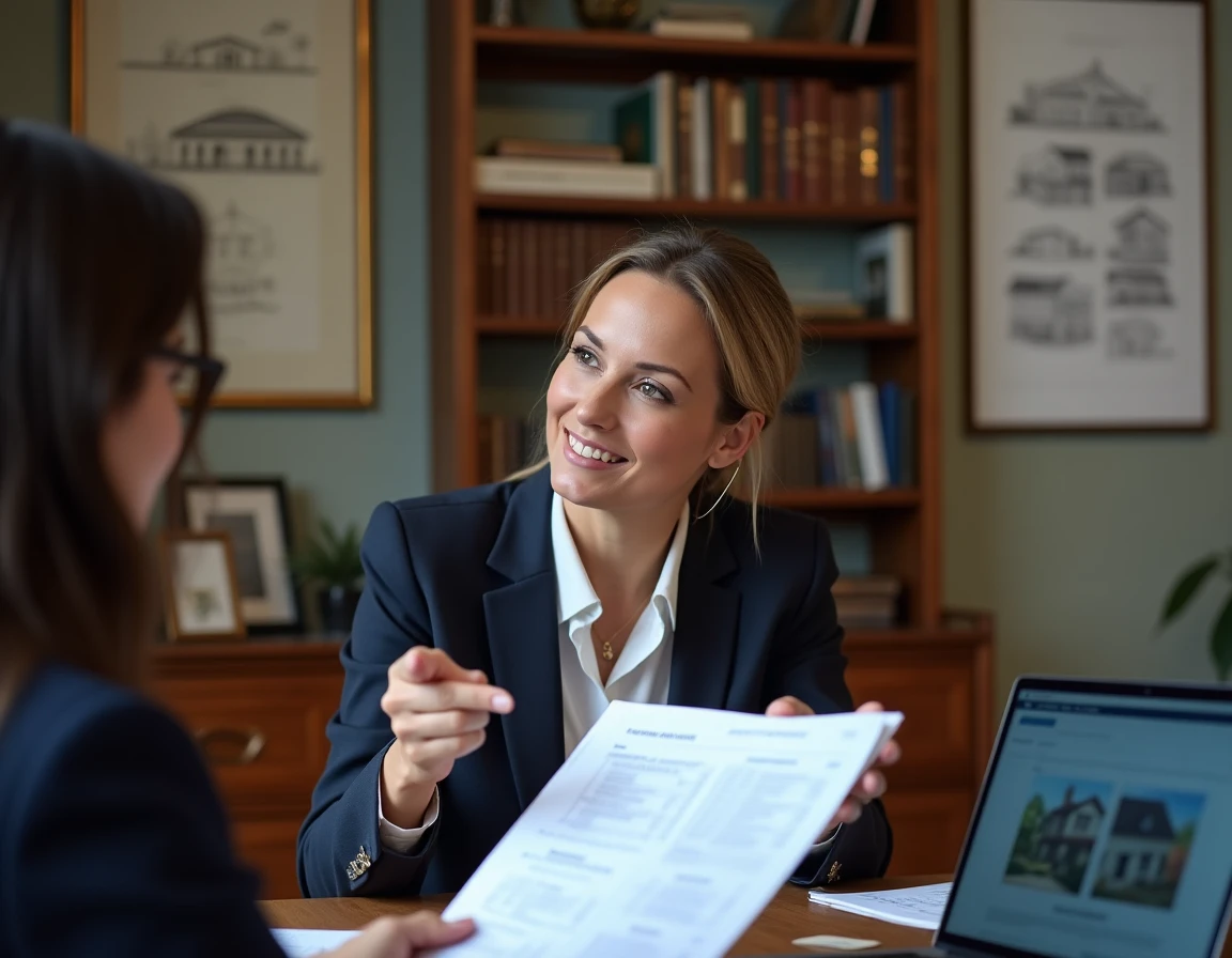 Conseillère fiscale expliquant la taxe foncière d'un grenier à un propriétaire immobilier dans un bureau professionnel