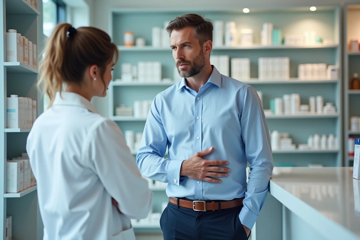 Homme en pharmacie consultant une pharmacienne au sujet de symptômes de ventre gonflé et ballonnements