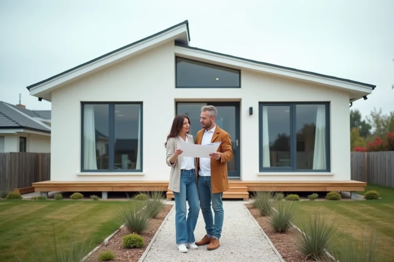 Couple devant une maison Natilia neuve en ossature bois, comparant les plans et les prix de leur projet immobilier