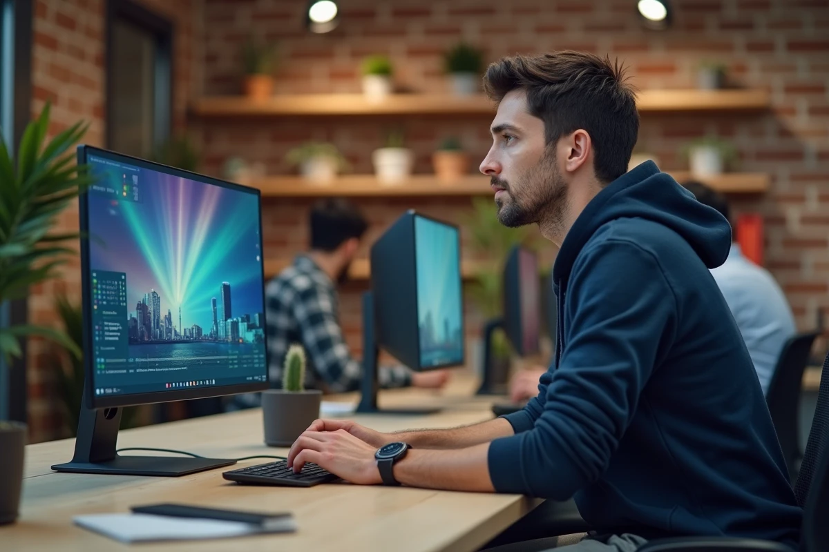 Créateur de contenu masculin travaillant sur une plateforme vidéo innovante dans un espace de co-working