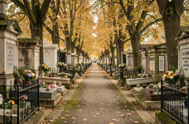Allée de cimetière élégamment décorée avec fleurs, pierres et plaques funéraires en automne