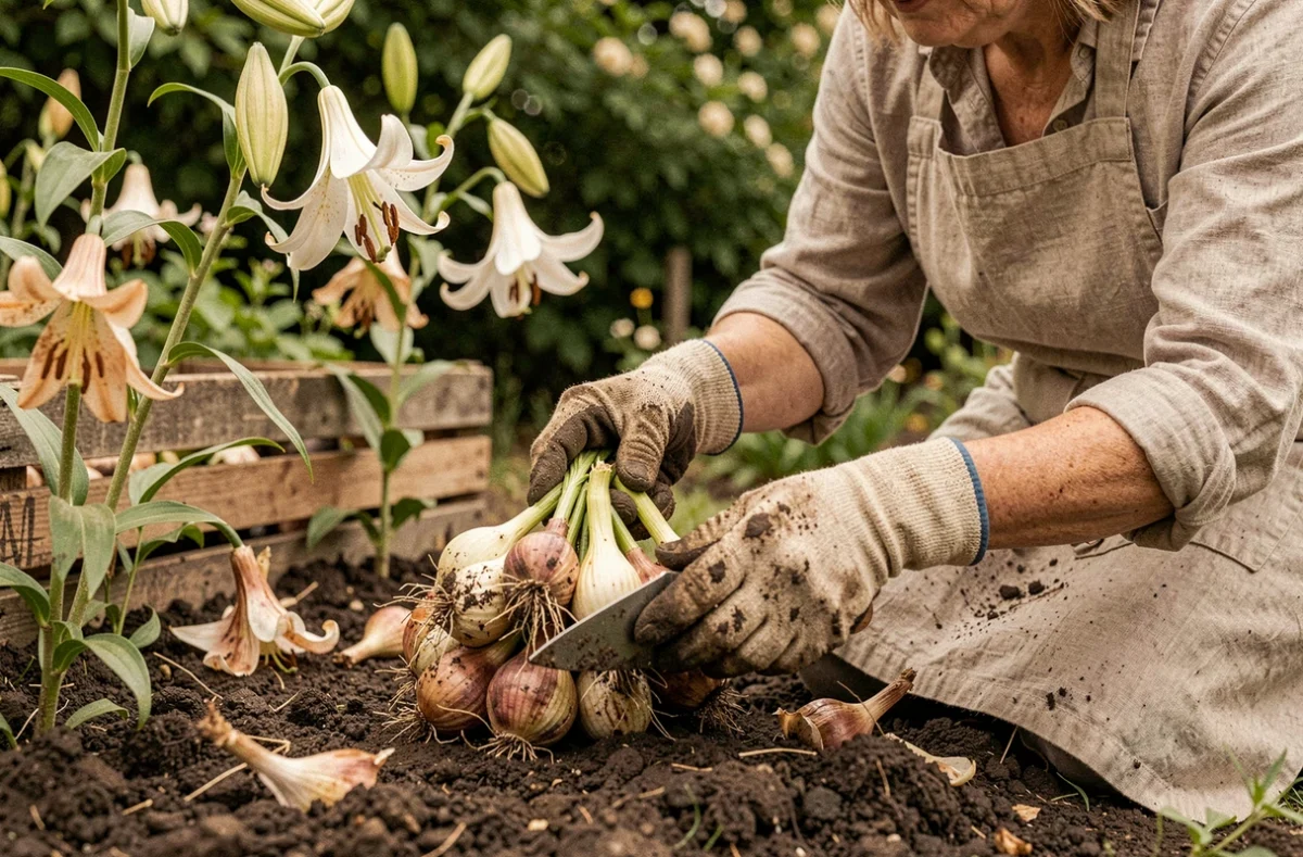 Jardinière déterrant des bulbes de lys à la truelle dans un jardin en fin d'été, avec des bulbes terreux dans une caisse en bois