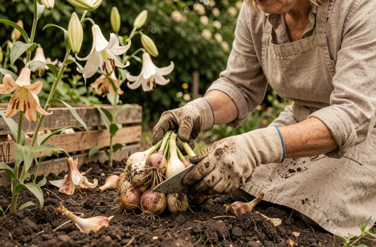 Jardinière déterrant des bulbes de lys à la truelle dans un jardin en fin d'été, avec des bulbes terreux dans une caisse en bois