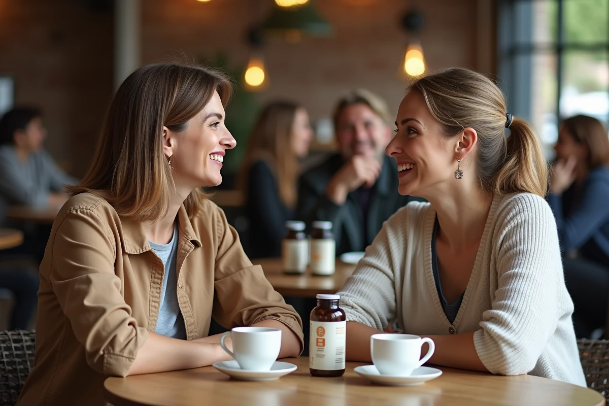 Deux femmes discutant de leur expérience avec des compléments nutritionnels Floravia dans un café