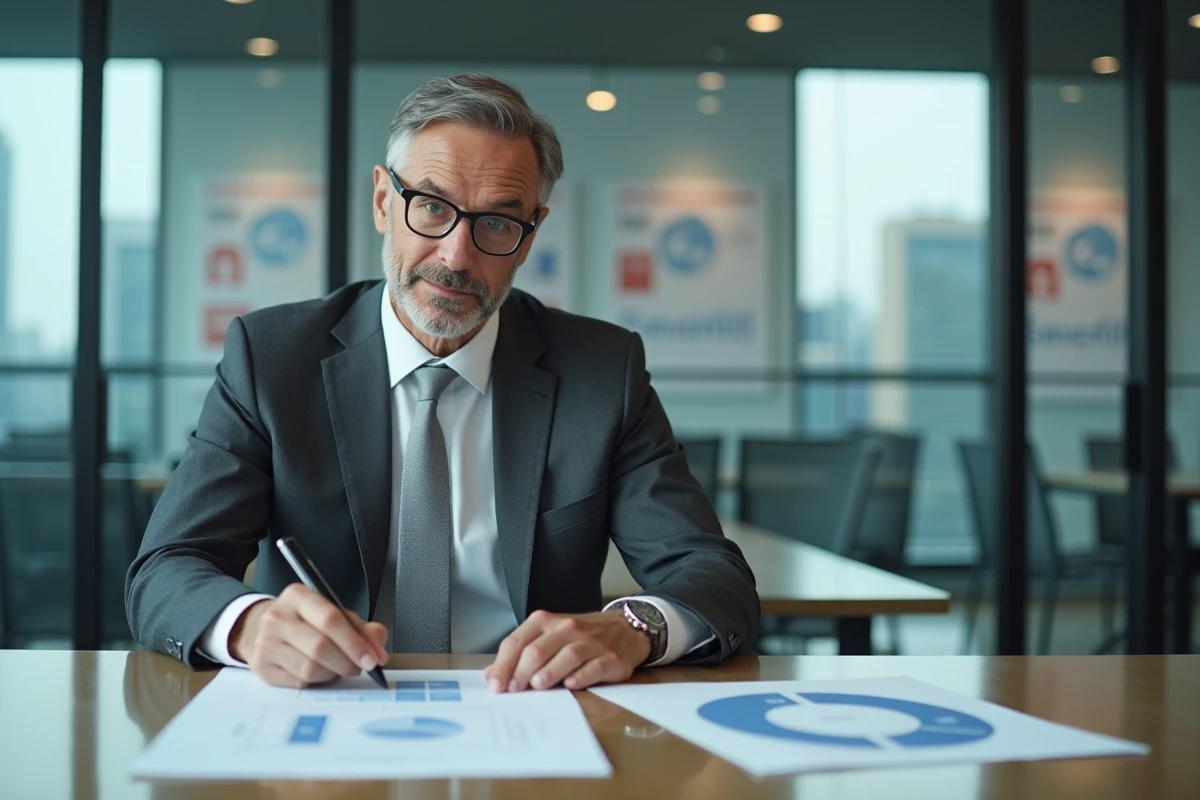 Dirigeant d'entreprise analysant des documents stratégiques liés à la propriété et la gestion d'une chaîne de magasins discount