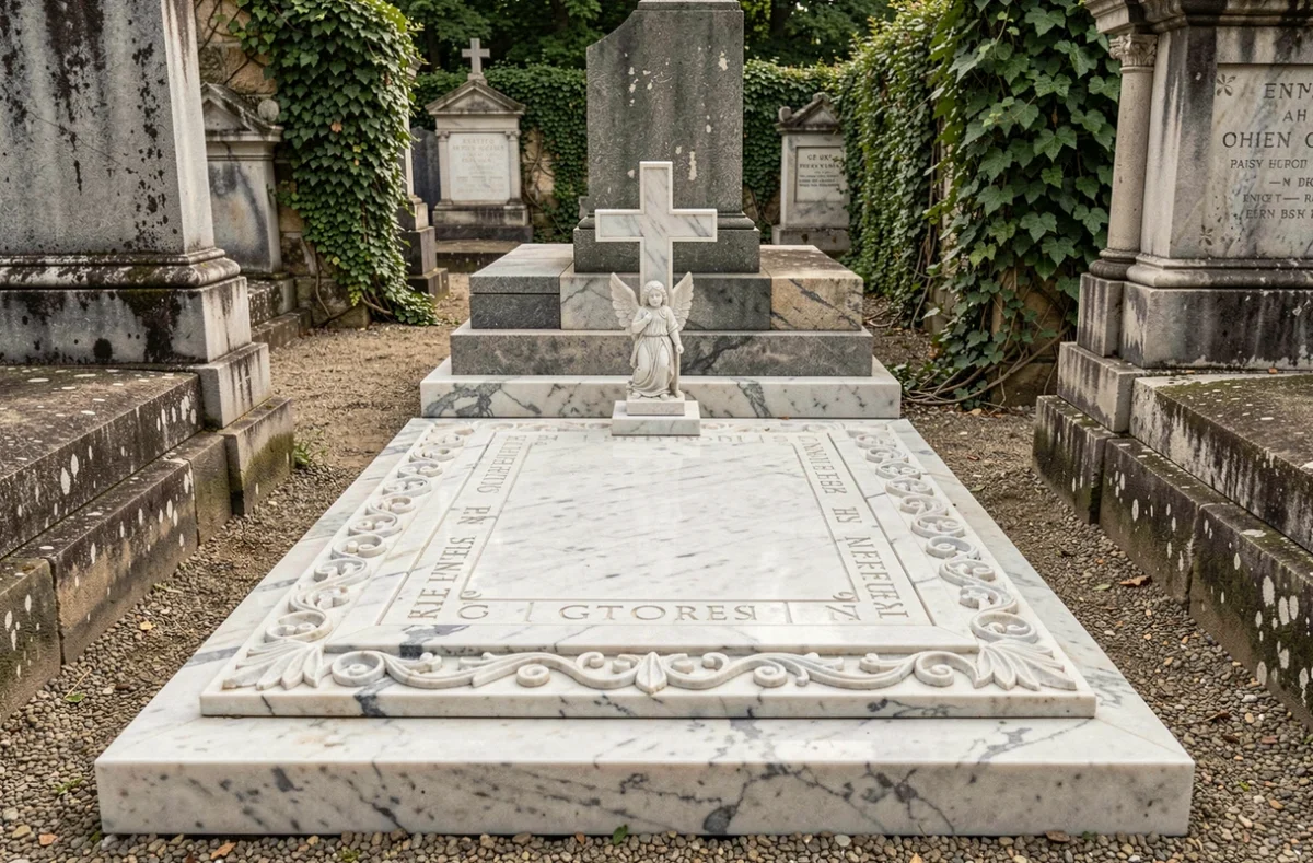 Éléments décoratifs en marbre sculptés incluant une figurine d'ange, une croix et des bordures gravées sur une tombe