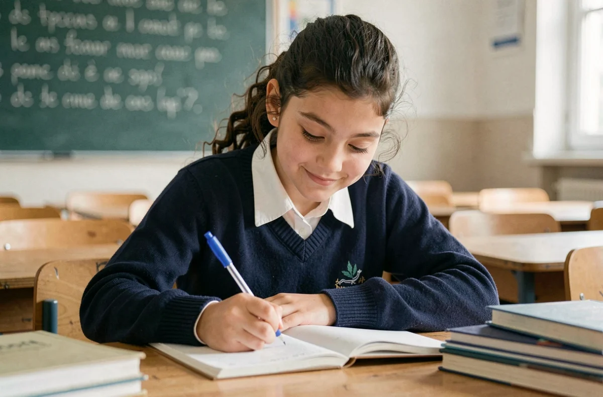 Élève de 4e concentrée qui écrit une rédaction dans un cahier sur un bureau en bois en classe