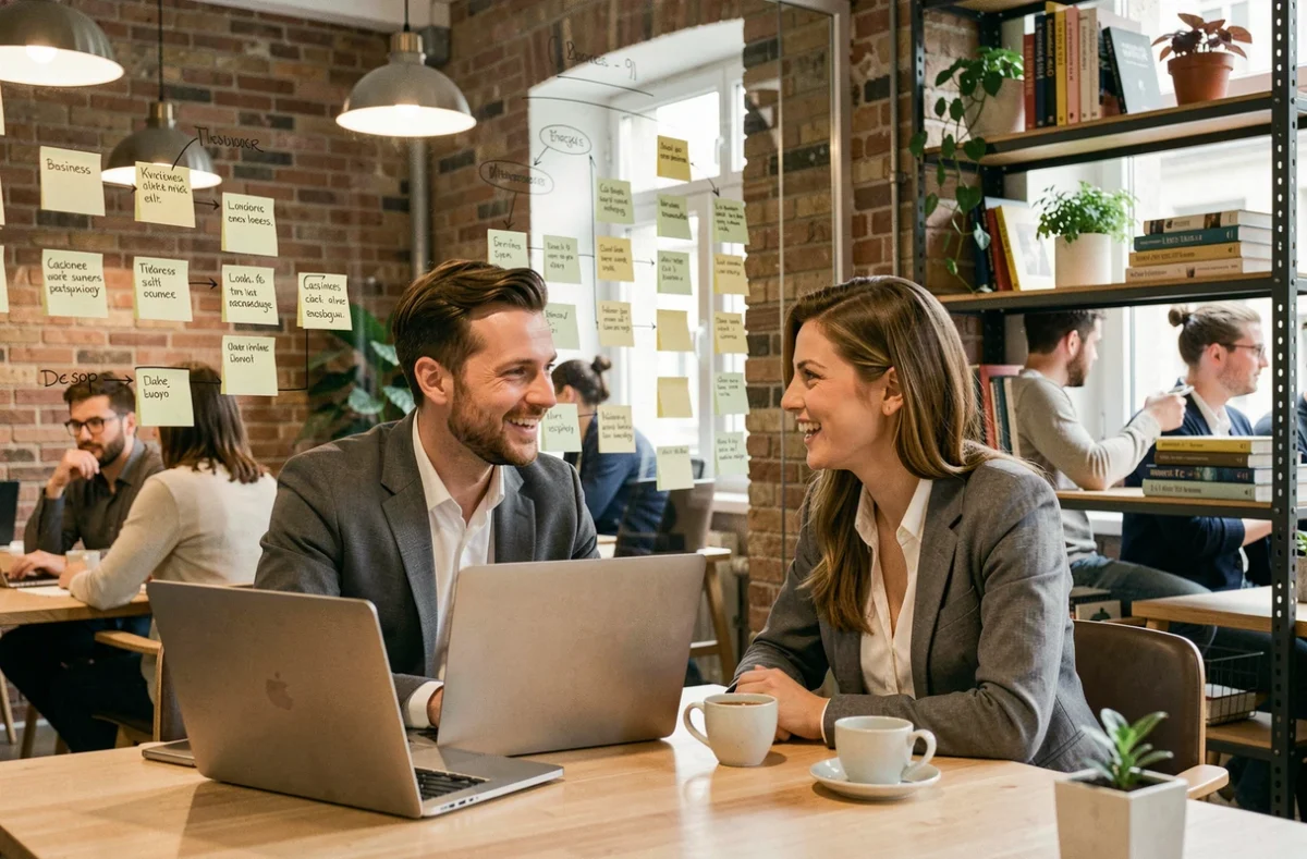 Deux entrepreneurs français en réunion de travail dans un espace de coworking à Lyon, discutant de stratégie business et d'innovation