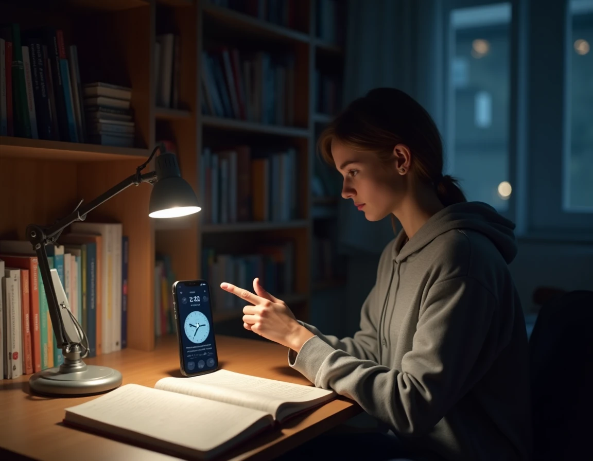 Adolescente étudiant la signification de AM et PM sur son smartphone la nuit avec un cahier de notes ouvert sur son bureau