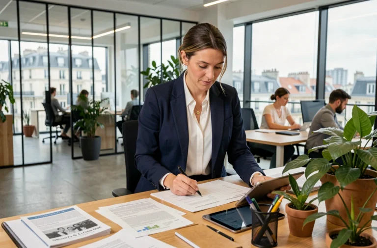 Femme d'affaires française en blazer marine analysant des rapports dans un bureau moderne à Paris, illustrant les tendances business en France
