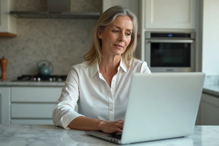 Femme d'âge moyen travaillant sur un laptop dans une cuisine lumineuse