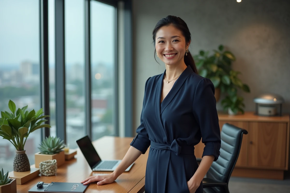 Femme professionnelle élégante dans un bureau à domicile moderne avec robe bleu marine et accessoires dorés