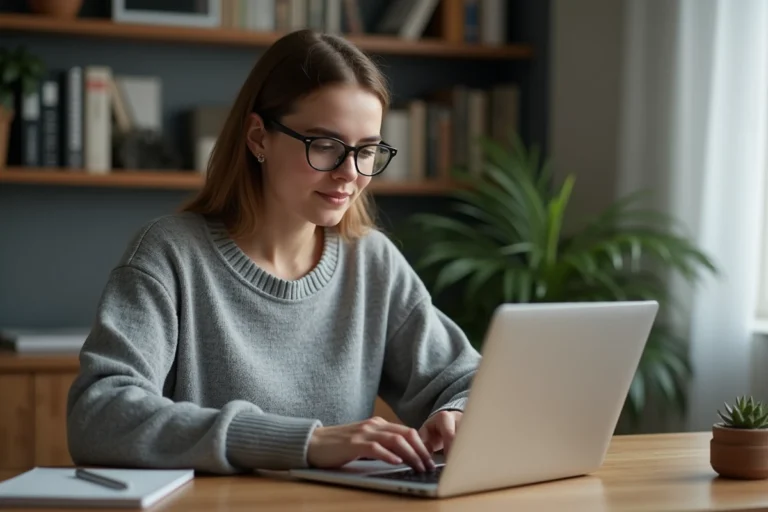 Jeune femme au bureau avec ordinateur et plantes