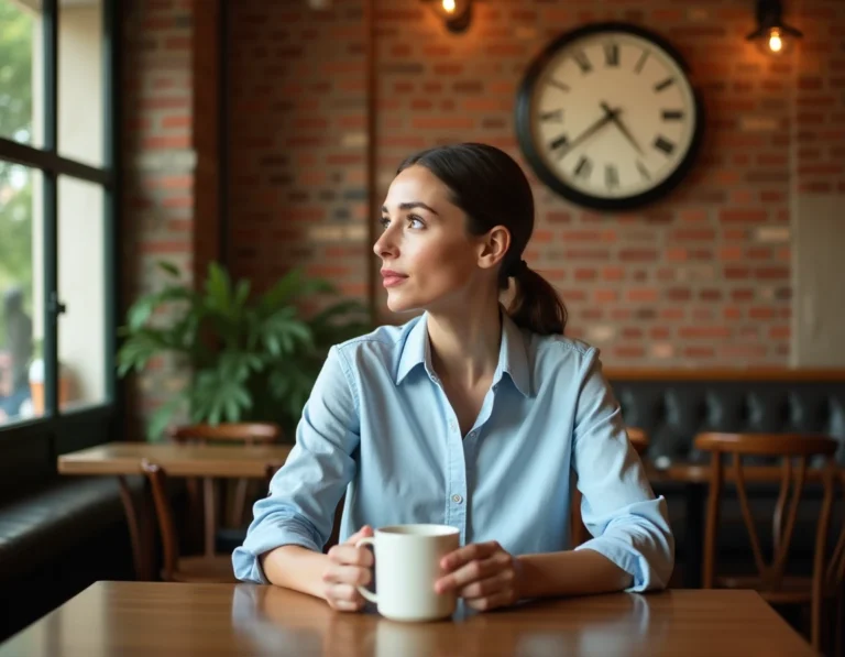 Femme au café le matin regardant une horloge analogique affichant 9h00 AM, illustrant la lecture de l'heure en format AM