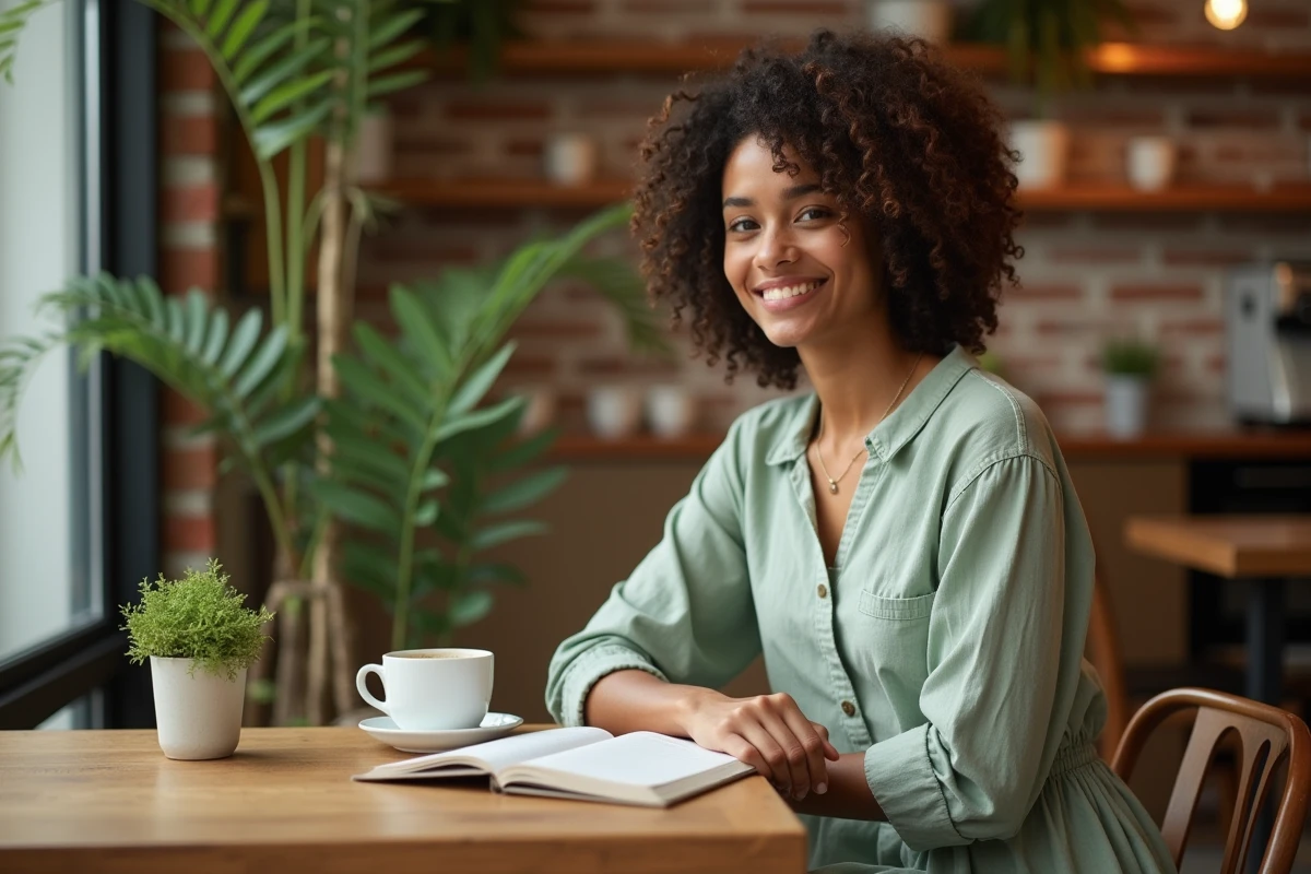 Jeune femme aux cheveux bouclés dans un café minimaliste, écrivant dans un journal avec une robe verte sauge
