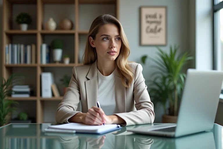Femme en visio coaching dans un bureau lumineux
