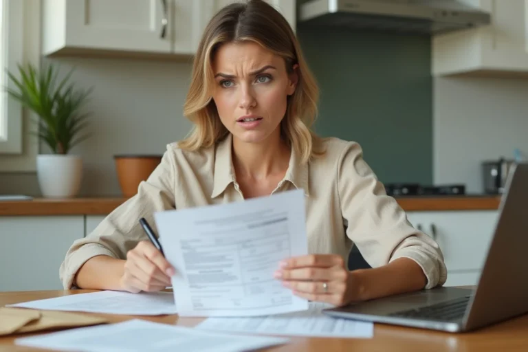 Femme consultant des documents administratifs relatifs à la suspension de l'allocation de soutien familial à la maison