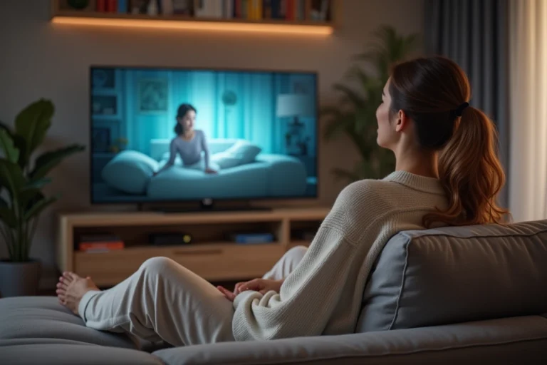 Jeune femme détendue regardant la télévision dans un salon cosy