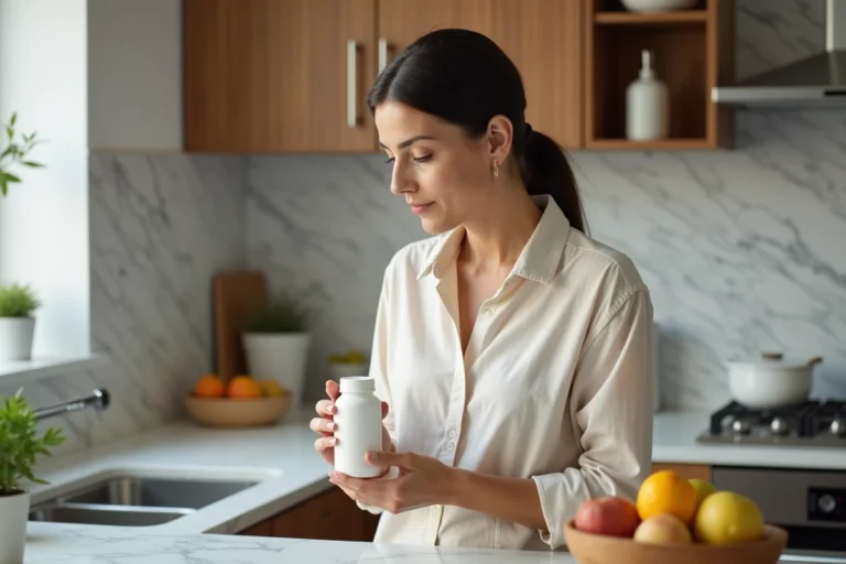Femme examinant attentivement un flacon de complément nutritionnel Floravia dans une cuisine moderne