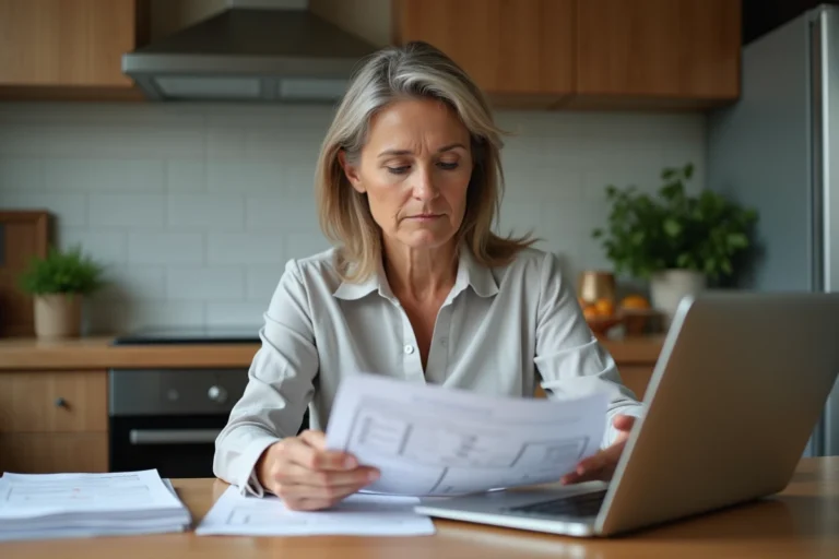 Femme d'affaires examine ses relevés bancaires à la maison