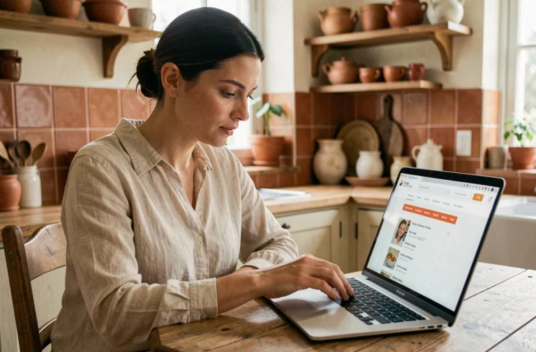Femme consultant le plan du site La Petite Casserole sur un ordinateur portable dans une cuisine française