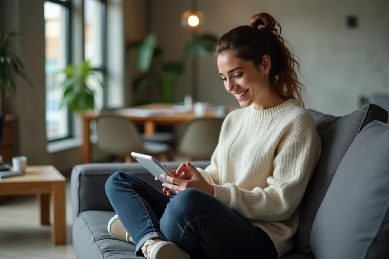 Jeune femme naviguant sur une nouvelle plateforme vidéo innovante depuis son appartement moderne