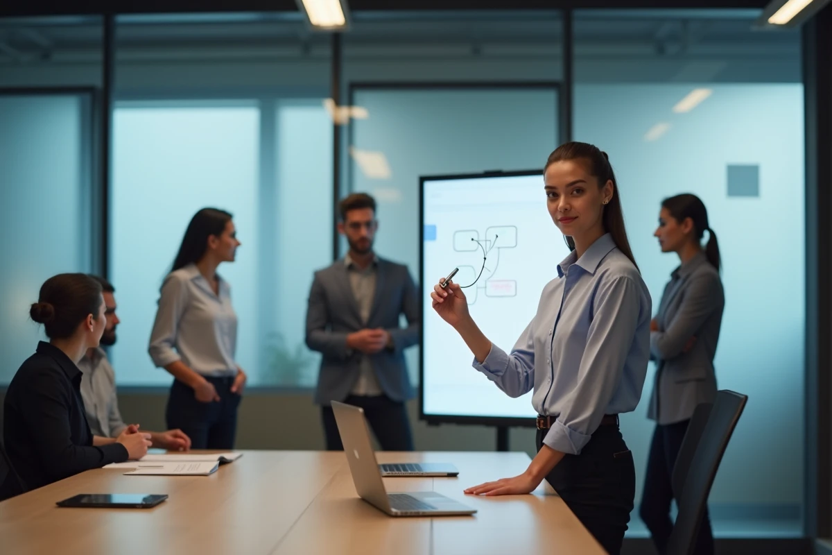 Jeune femme IT dessinant un flowchart en réunion