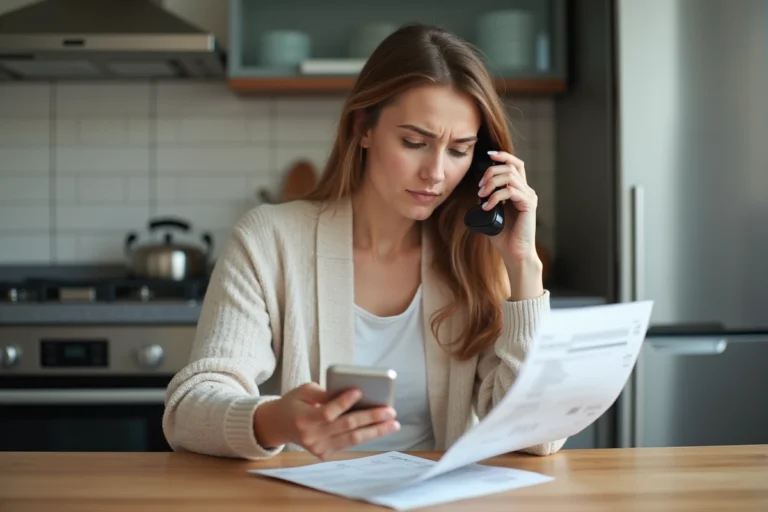Femme au smartphone vérifiant sa facture téléphonique