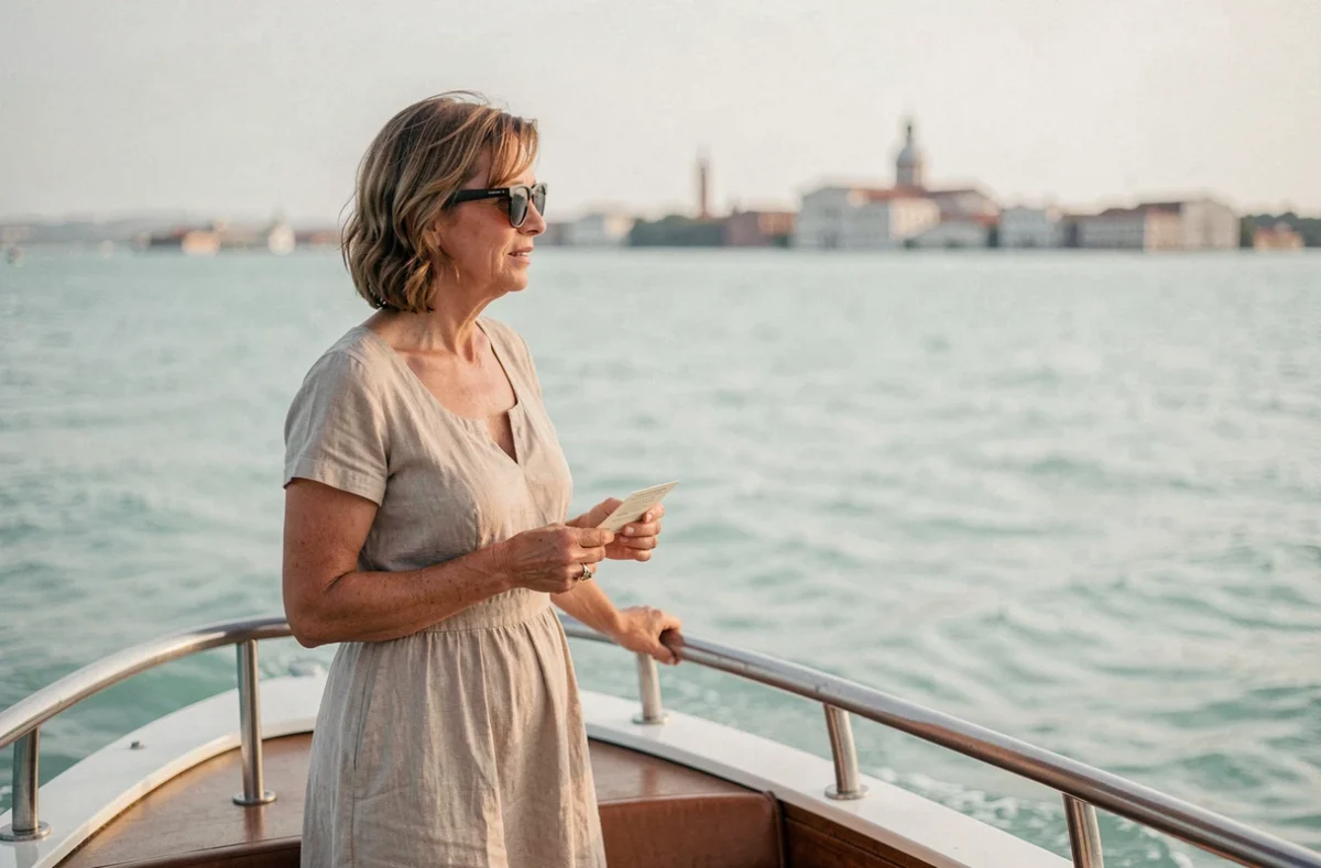 Femme tenant un ticket de vaporetto sur le pont arrière avec vue sur la lagune de Venise en direction de Murano