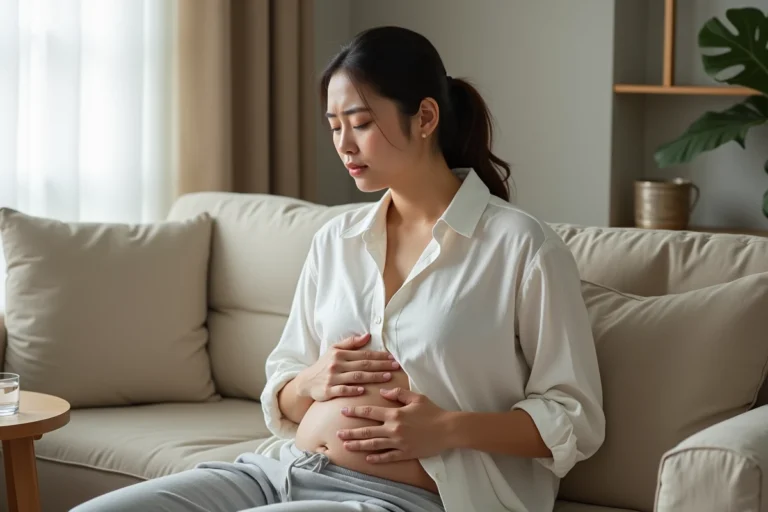 Femme tenant son ventre gonflé assise sur un canapé, exprimant un inconfort digestif modéré