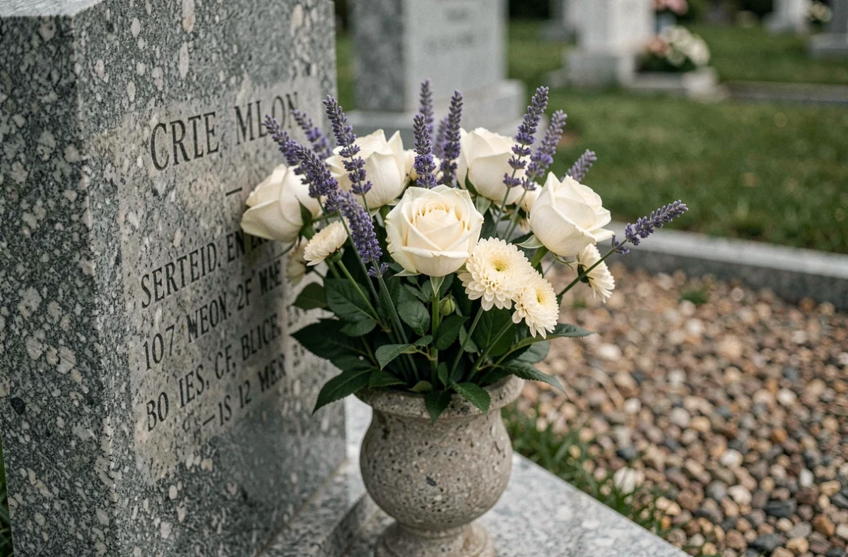 Bouquet de roses blanches, chrysanthèmes et lavande dans un vase en pierre sur une tombe en granit