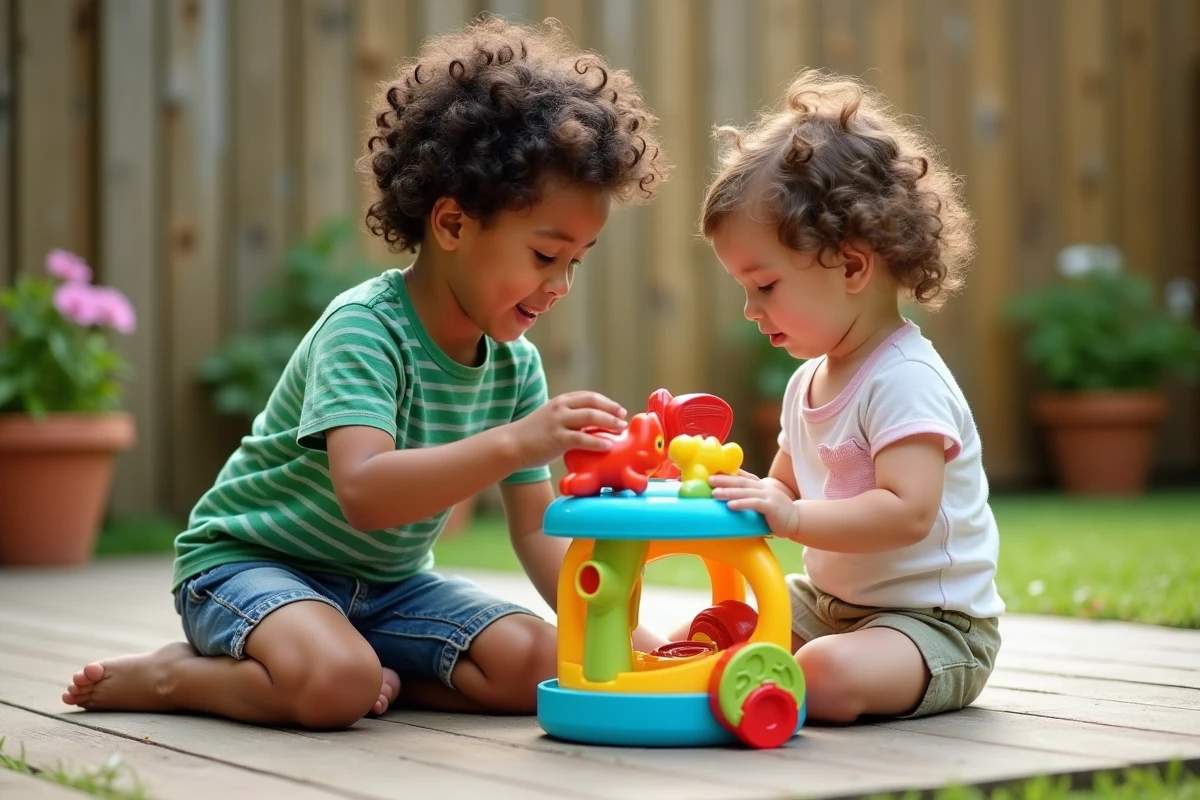 Garçon de 6 ans assemble un jouet éducatif extérieur