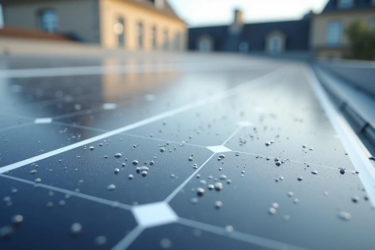 Gros plan sur la texture d'un panneau photovoltaïque blanc installé sur un toit urbain en France