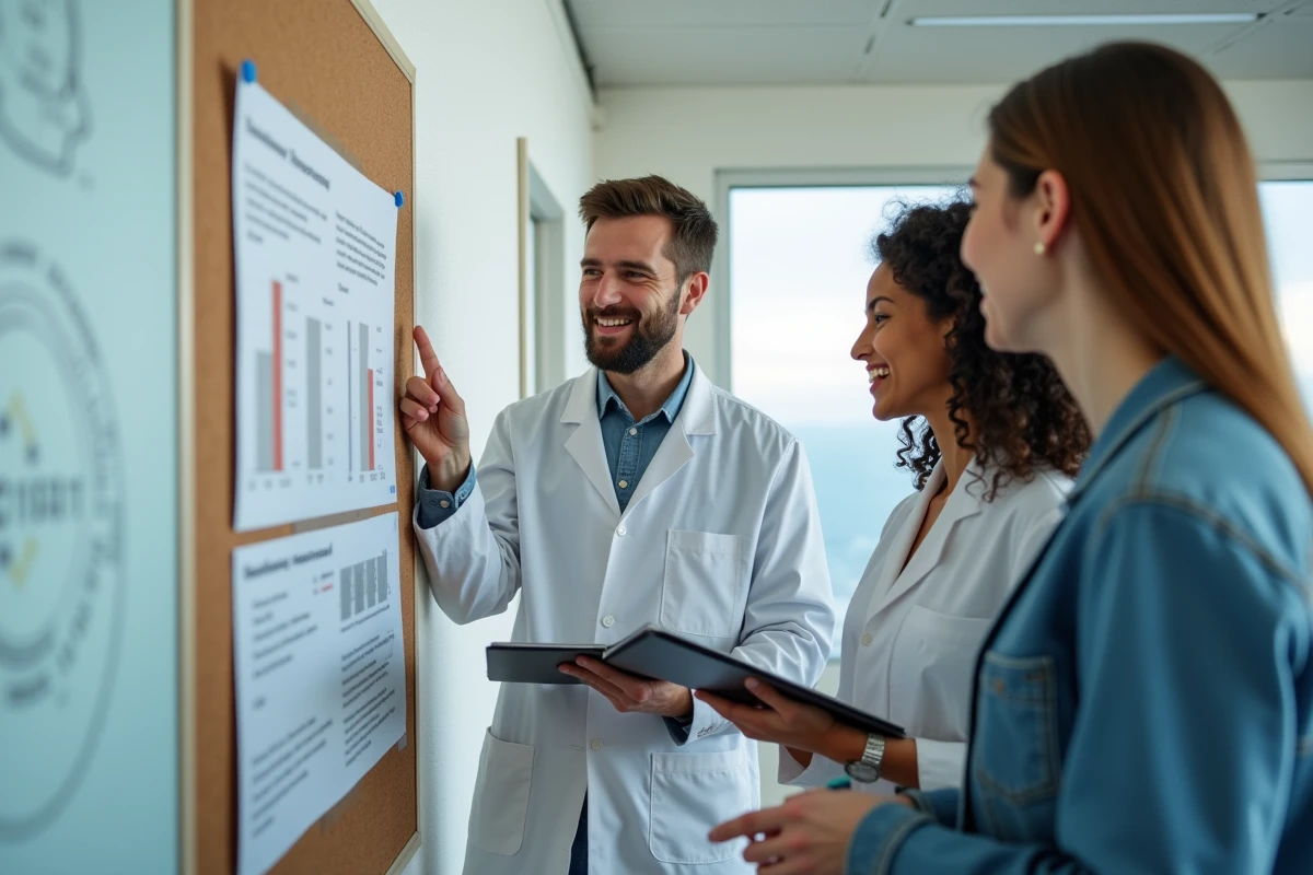 Groupe de scientifiques discutant d'une étude publiée lors d'une réunion académique dans une salle de conférence