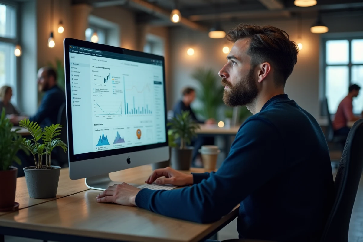 Homme parcourant des actualités scientifiques sur un écran d'ordinateur dans un espace de coworking moderne